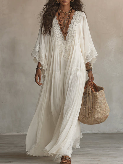 Vestido maxi de gasa blanco con escote en V, manga murciélago y encaje