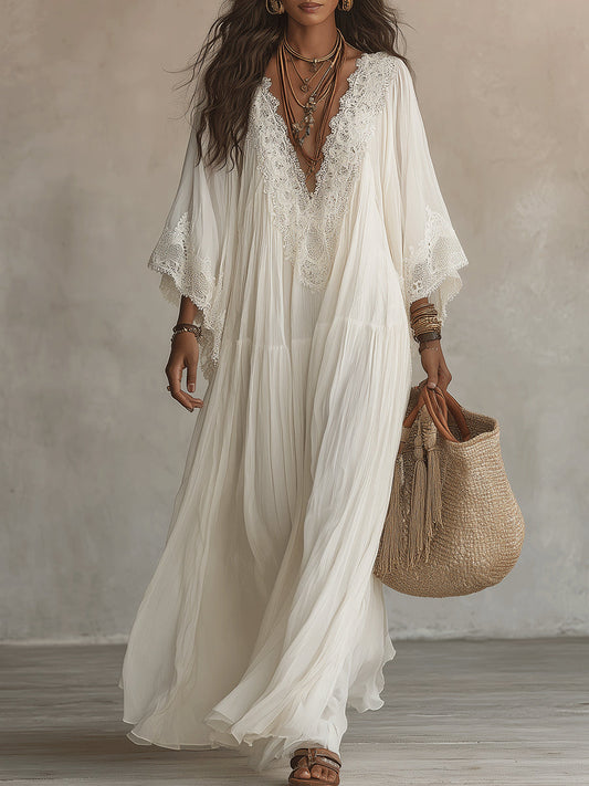 Vestido maxi de gasa blanco con escote en V, manga murciélago y encaje