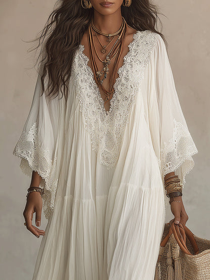 Vestido maxi de gasa blanco con escote en V, manga murciélago y encaje