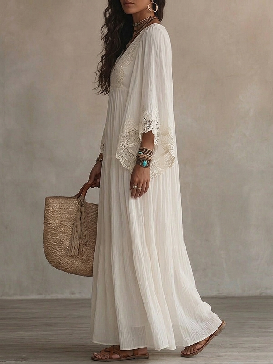 Vestido maxi de gasa blanco con escote en V, manga murciélago y encaje