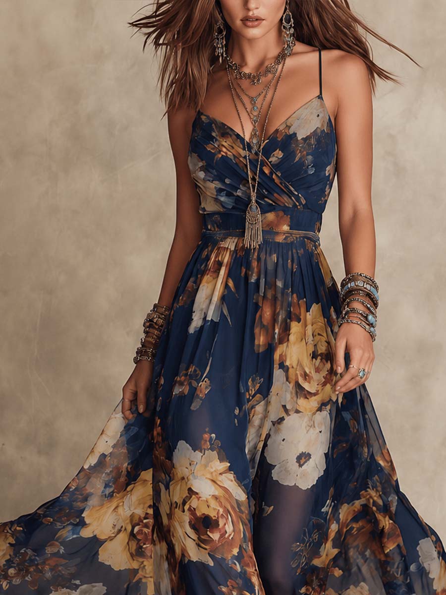 Vestido de tirantes de gasa con estampado floral azul marino