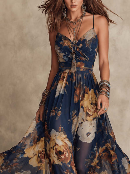 Vestido de tirantes de gasa con estampado floral azul marino