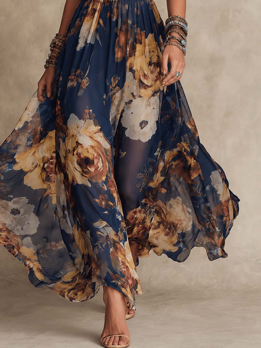 Vestido de tirantes de gasa con estampado floral azul marino
