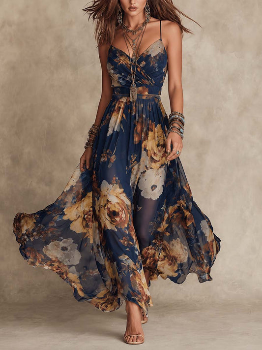Vestido de tirantes de gasa con estampado floral azul marino