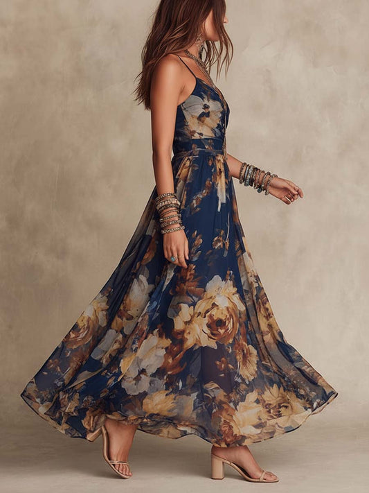 Vestido de tirantes de gasa con estampado floral azul marino