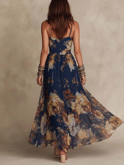 Vestido de tirantes de gasa con estampado floral azul marino