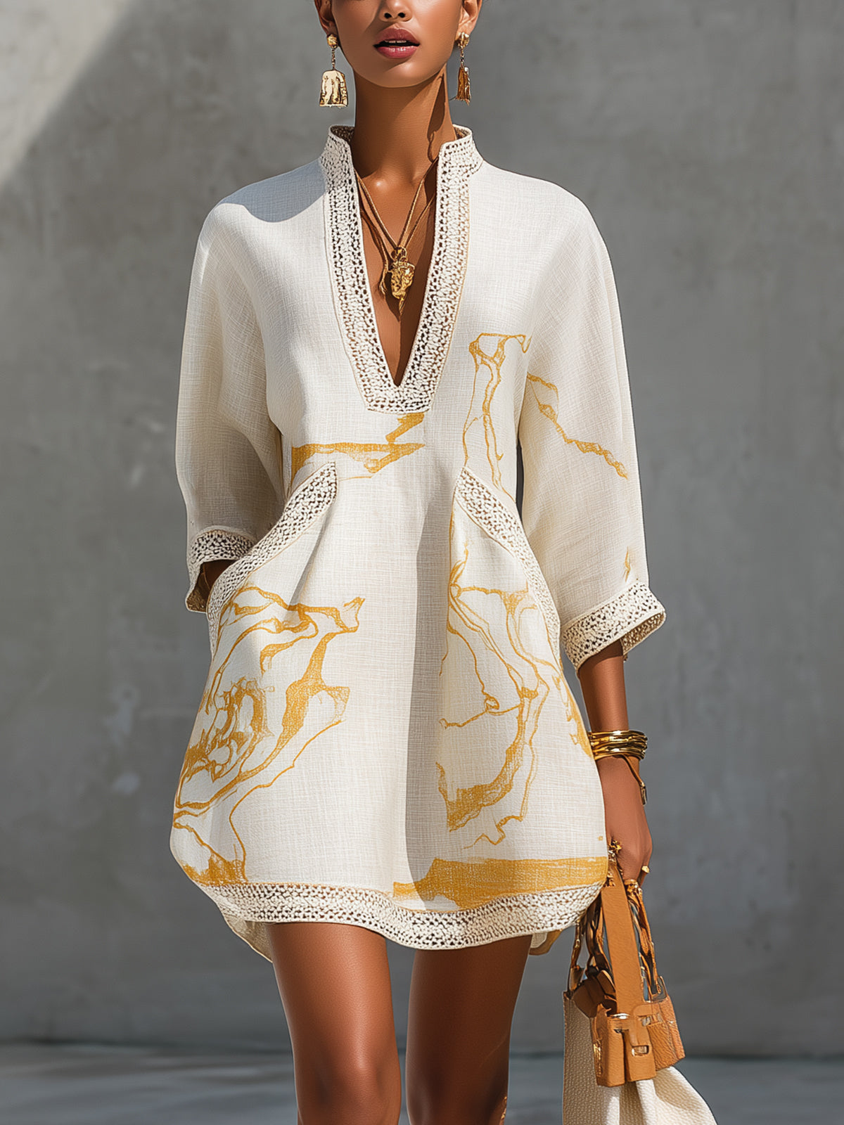 Vestido corto de encaje de ganchillo estampado