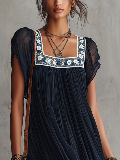 Vestido corto de gasa con bordado floral
