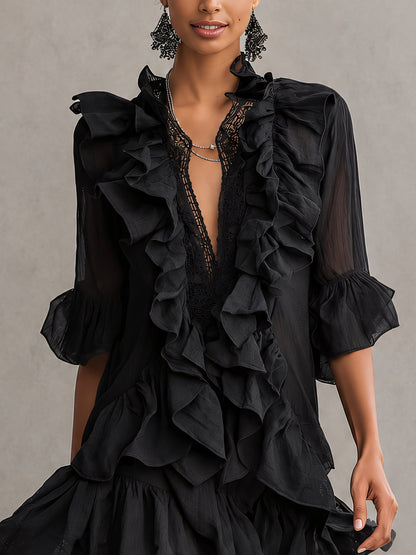 Vestido corto de encaje de gasa con volantes