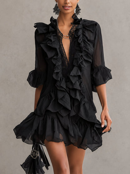 Vestido corto de encaje de gasa con volantes