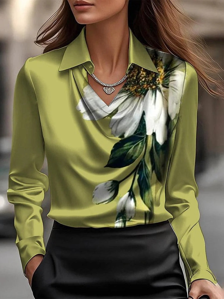 Camisa superior sencilla con cuello de péndulo y estampado floral de satén sólido