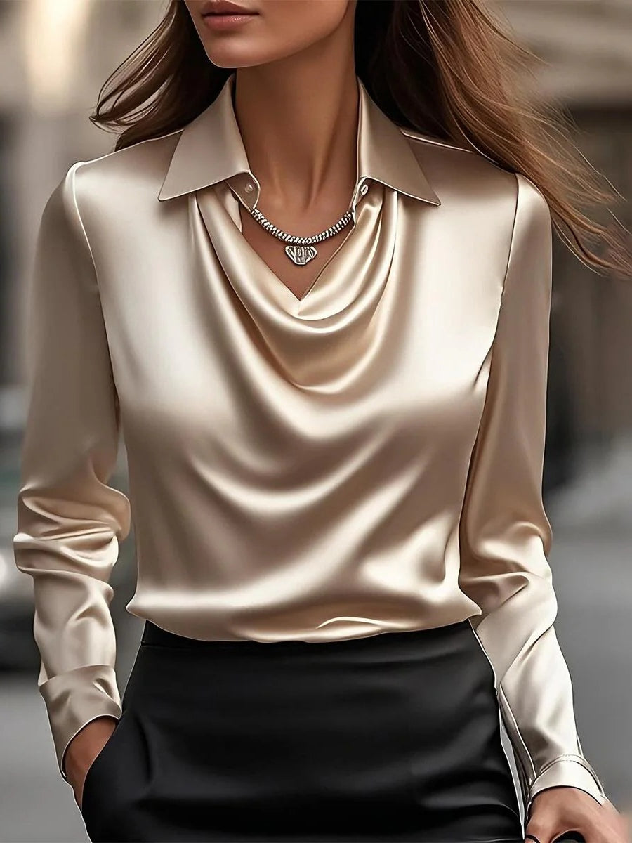 Camisa superior sencilla con cuello de péndulo y estampado floral de satén sólido