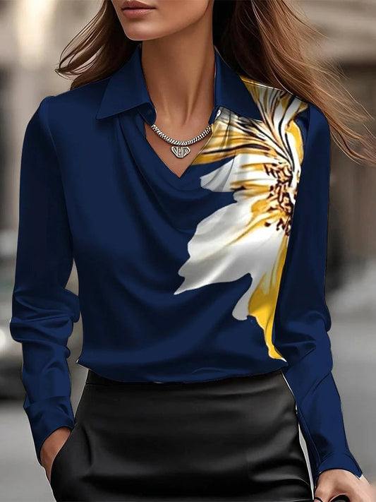 Camisa superior sencilla con cuello de péndulo y estampado floral de satén sólido