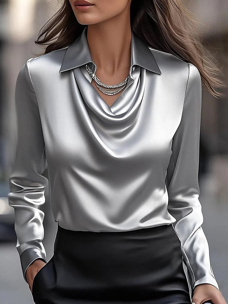 Camisa superior sencilla con cuello de péndulo y estampado floral de satén sólido