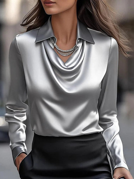 Camisa superior sencilla con cuello de péndulo y estampado floral de satén sólido