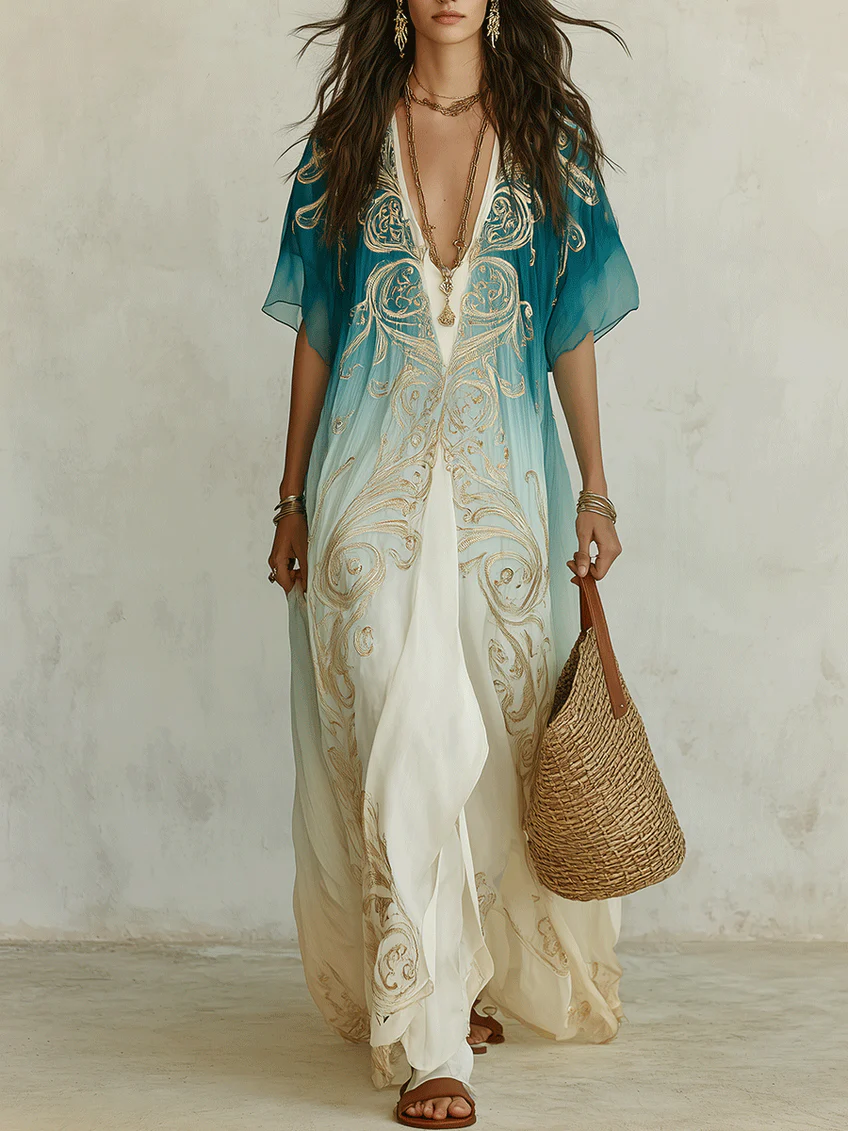 Vestido maxi kaftán Aqua Ombré