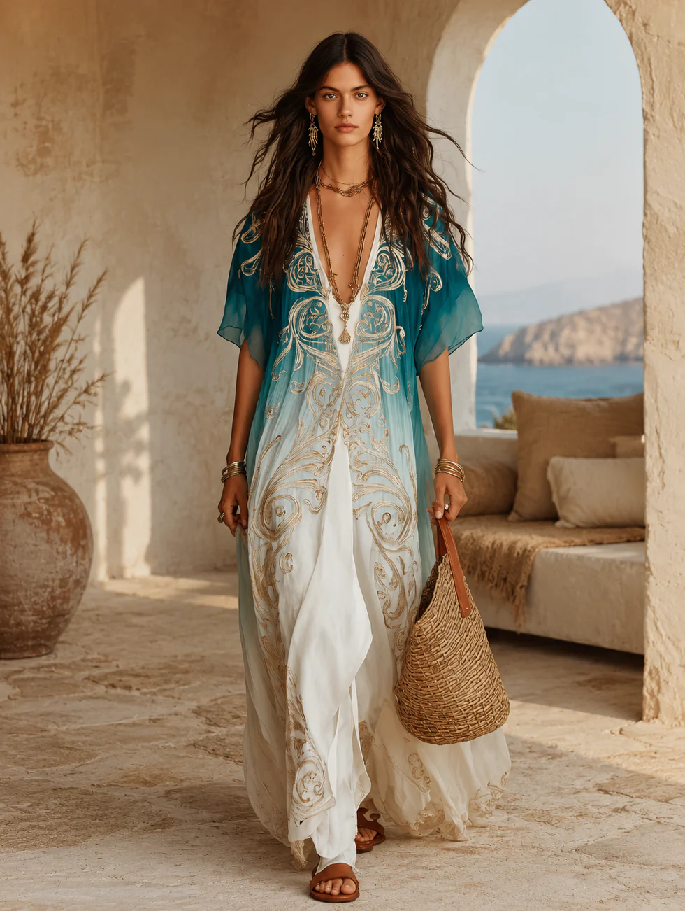 Vestido maxi kaftán Aqua Ombré