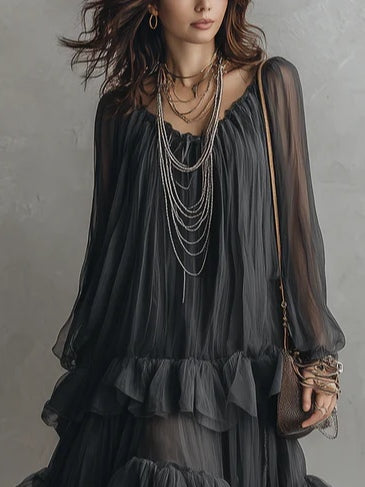Vestido maxi con volantes en capas transparentes