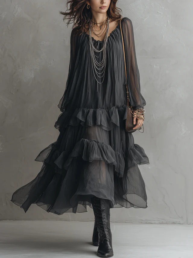 Vestido maxi con volantes en capas transparentes