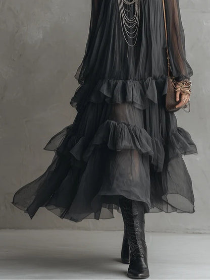Vestido maxi con volantes en capas transparentes