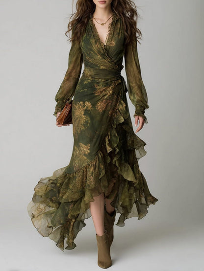 Vestido largo de gasa con volantes florales