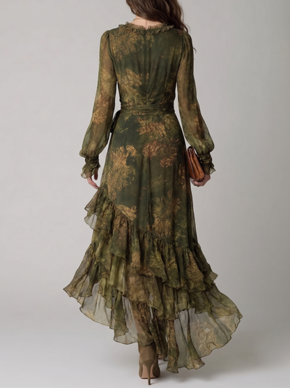 Vestido largo de gasa con volantes florales
