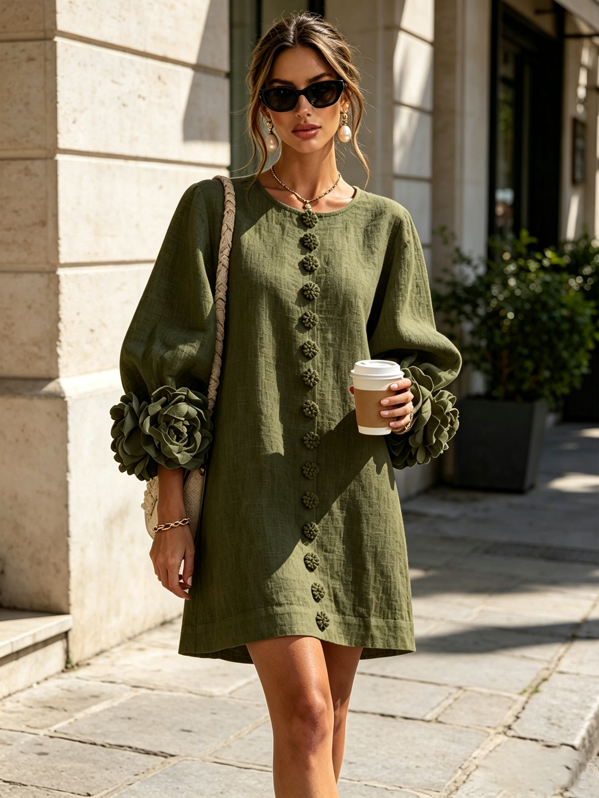 Vestido corto con puños abotonados y estampado floral