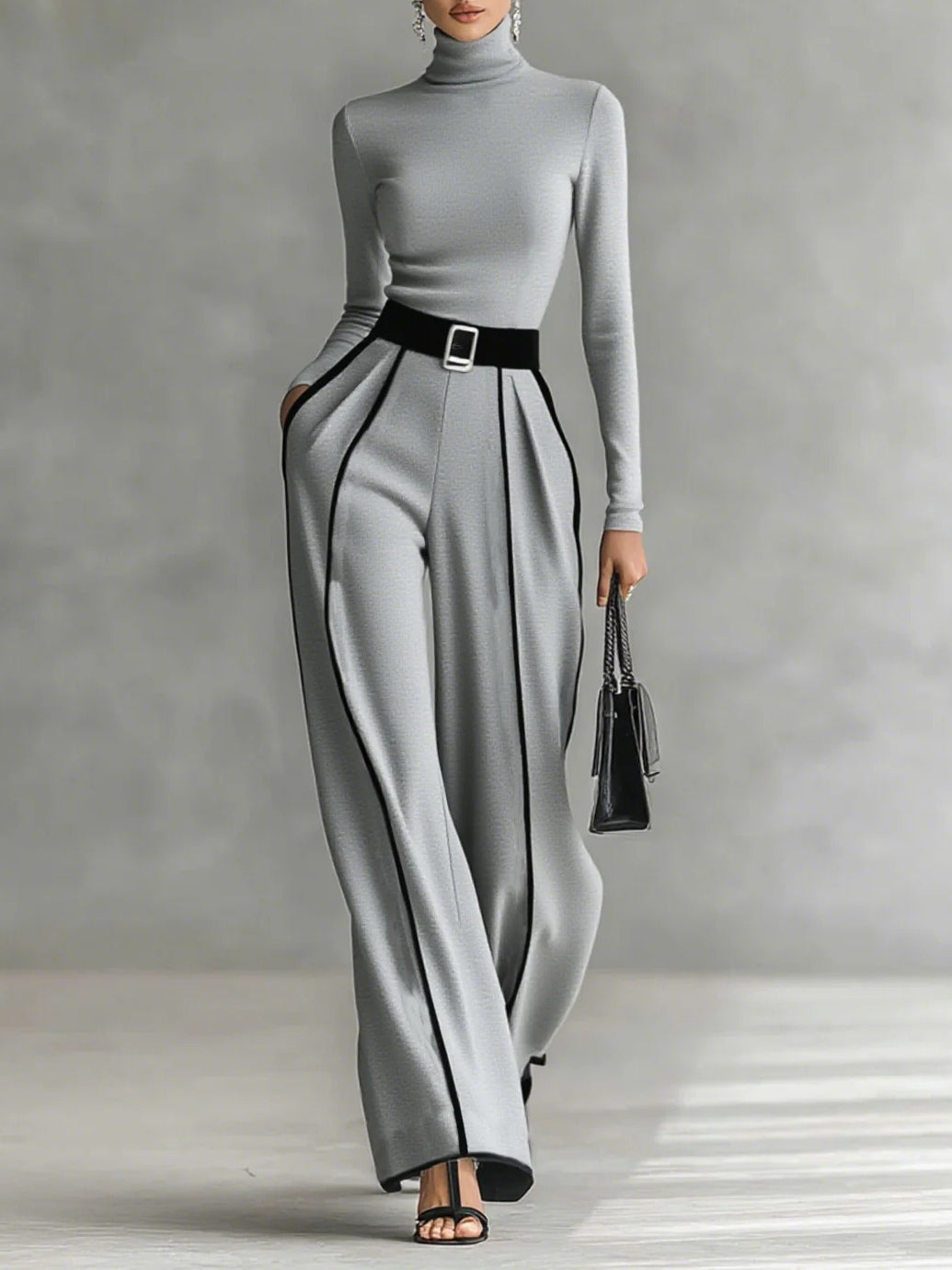 Conjunto de top blanco de cuello alto con mangas largas, pantalones de pierna ancha y cinturón