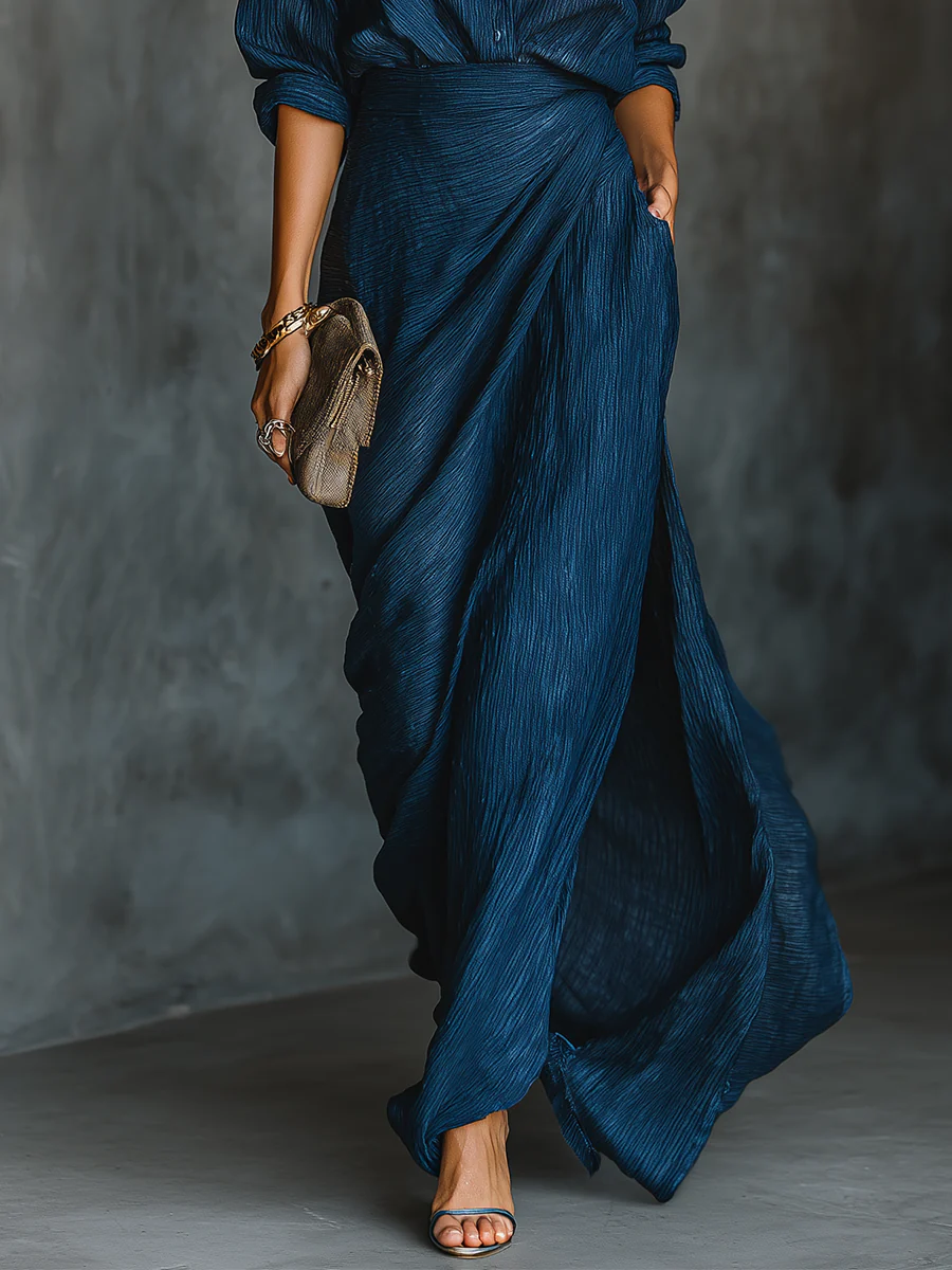 Conjunto elegante de camisa y falda larga de mezcla de algodón y lino azul oscuro