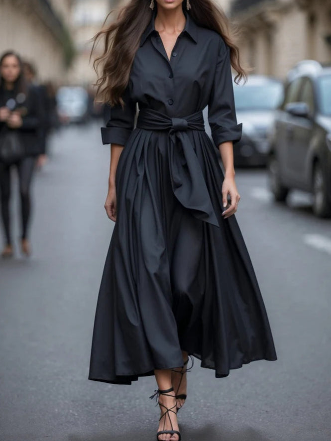 Elegante vestido largo estilo corbata con mangas largas