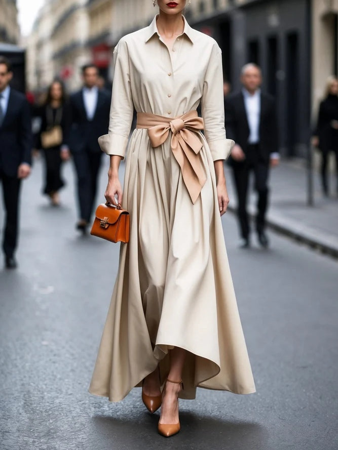 Elegante vestido largo estilo corbata con mangas largas