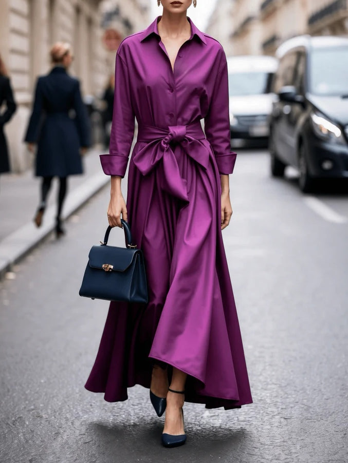 Elegante vestido largo estilo corbata con mangas largas