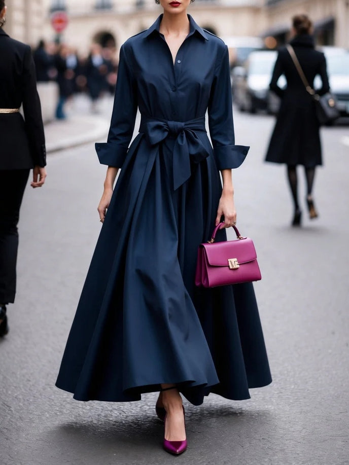 Elegante vestido largo estilo corbata con mangas largas