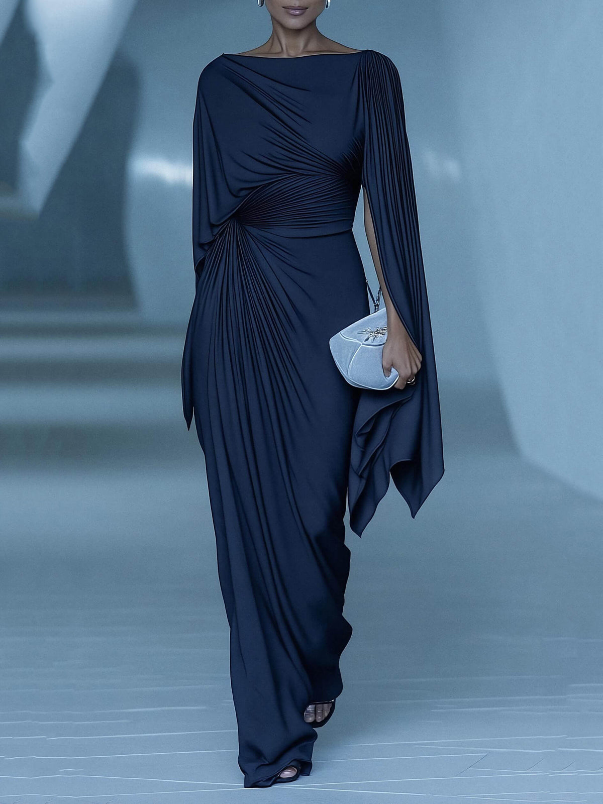 Vestido maxi drapeado con capa plisada azul oscuro