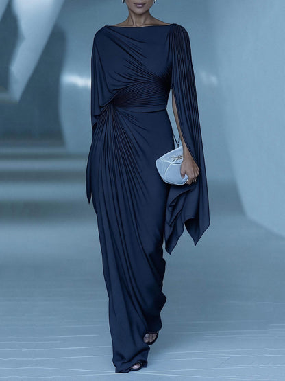 Vestido maxi drapeado con capa plisada azul oscuro