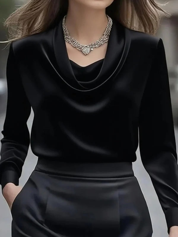 Camisa elegante de color sólido con cuello de satén