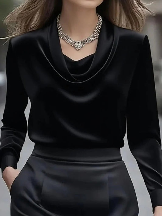 Camisa elegante de color sólido con cuello de satén