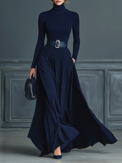 Vestido de punto azul oscuro de cuello alto