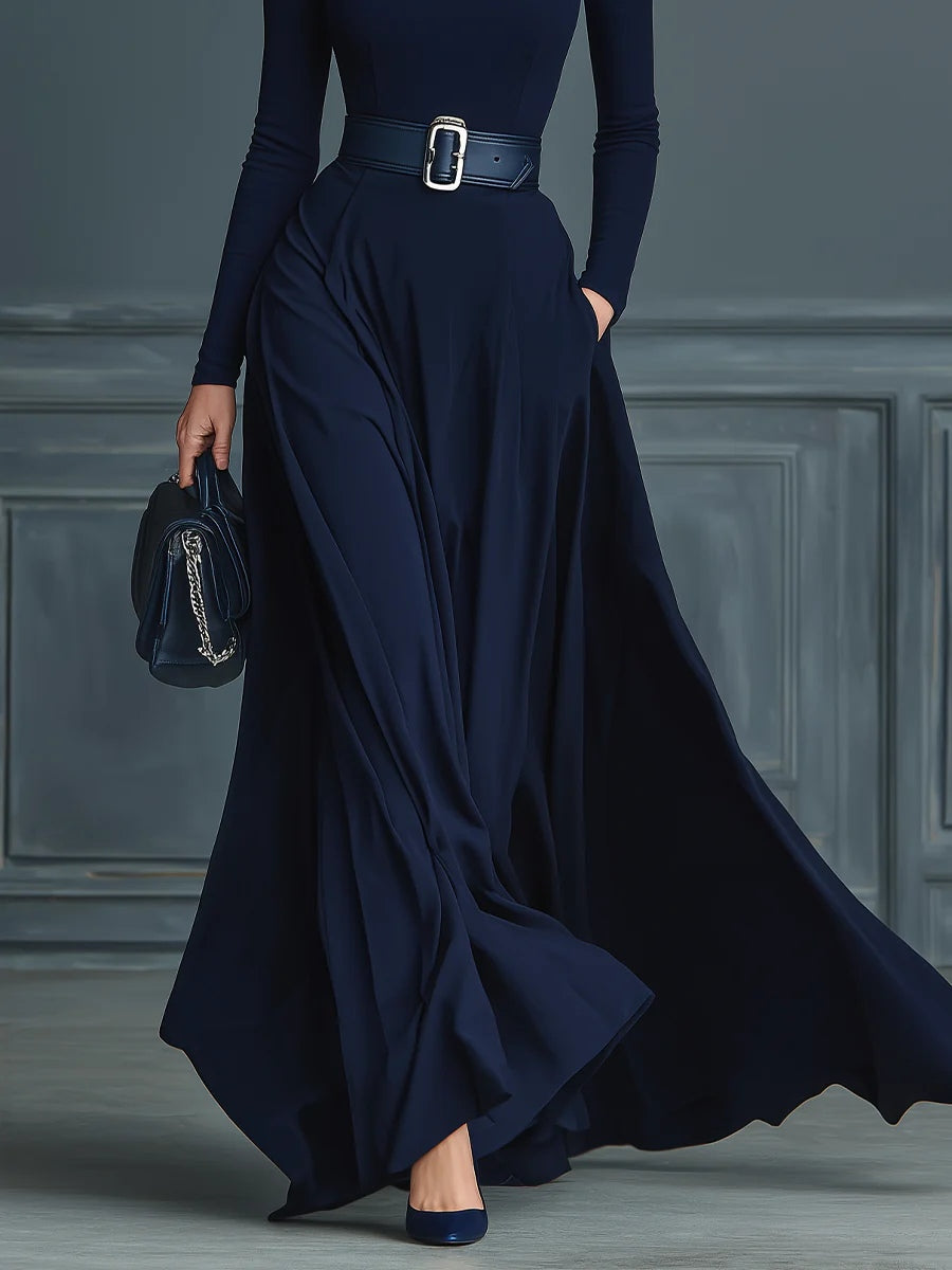 Vestido de punto azul oscuro de cuello alto