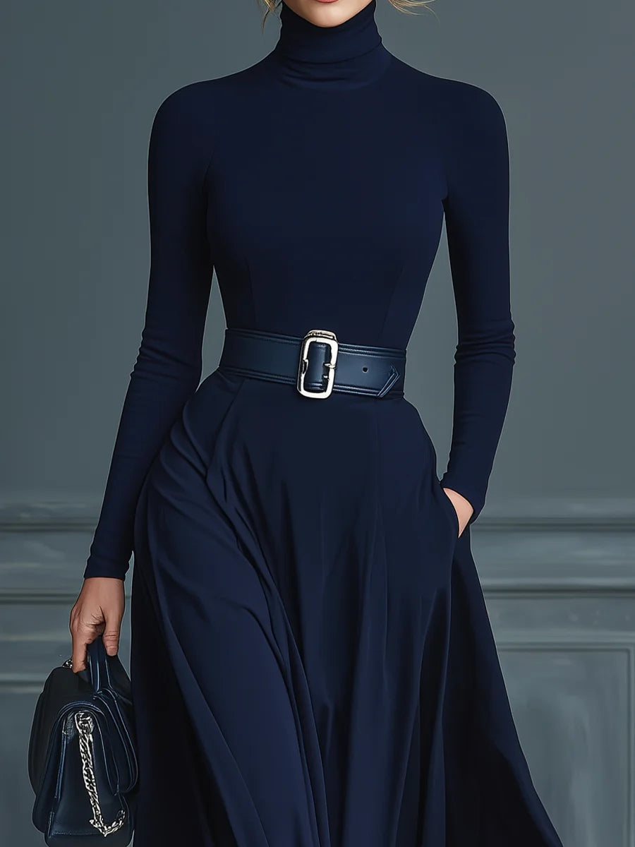 Vestido de punto azul oscuro de cuello alto