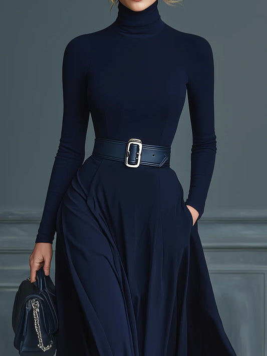 Vestido de punto azul oscuro de cuello alto