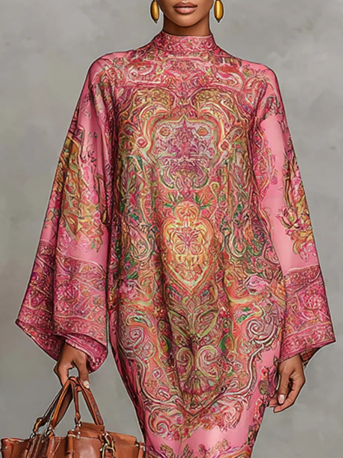 Vestido midi suelto acampanado de manga larga con estampado rosa de cachemira