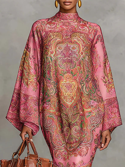 Vestido midi suelto acampanado de manga larga con estampado rosa de cachemira