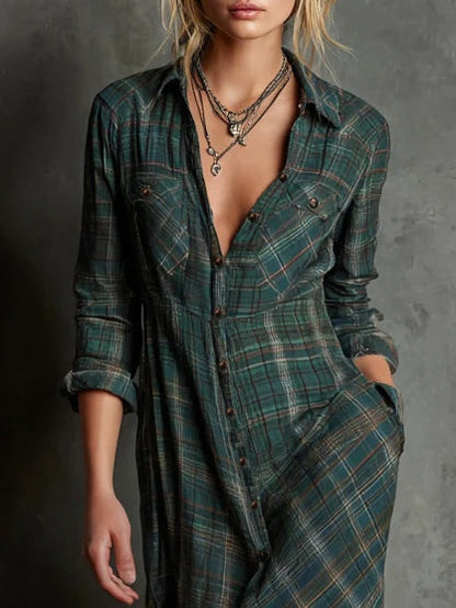Vestido largo de camisa de solapa a cuadros verdes de un solo pecho