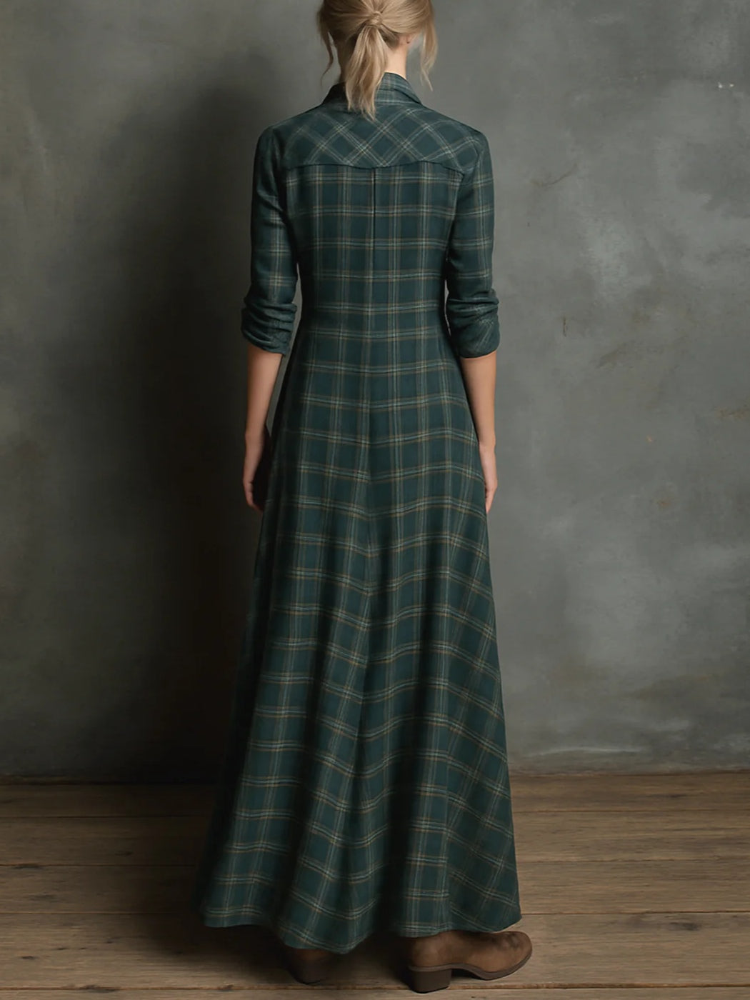 Vestido largo de camisa de solapa a cuadros verdes de un solo pecho
