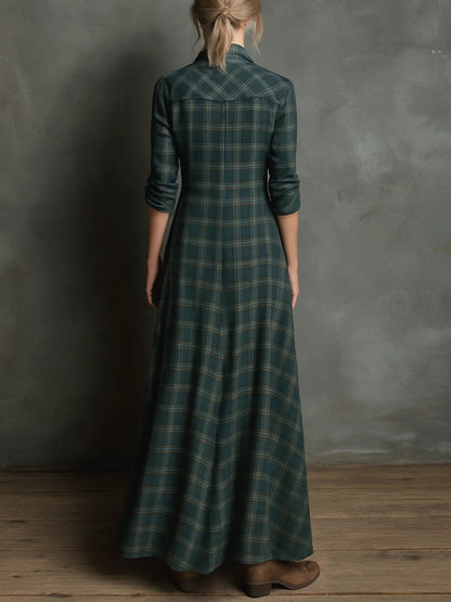 Vestido largo de camisa de solapa a cuadros verdes de un solo pecho