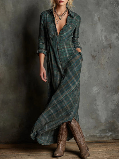 Vestido largo de camisa de solapa a cuadros verdes de un solo pecho
