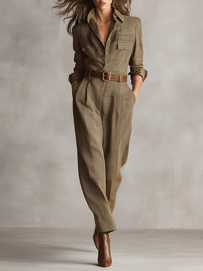 Mono utilitario a cuadros de tweed marrón sofisticado con textura