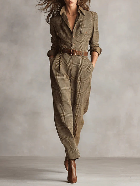 Mono utilitario a cuadros de tweed marrón sofisticado con textura