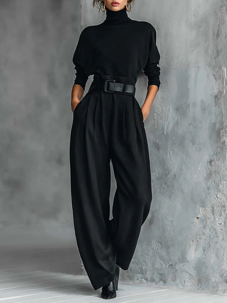 Conjunto de dos piezas de camiseta de manga larga con cuello alto negra y pantalones de pierna recta (incluye cinturón)